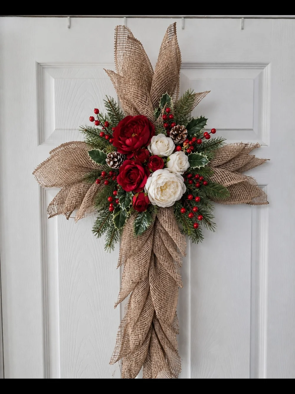 Holiday Poly Burlap Cross Wreath with Red & White Flowers